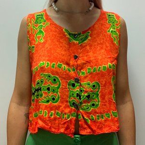 Vintage 80s Fun-Wear Cropped Abstract Print Orange Vest